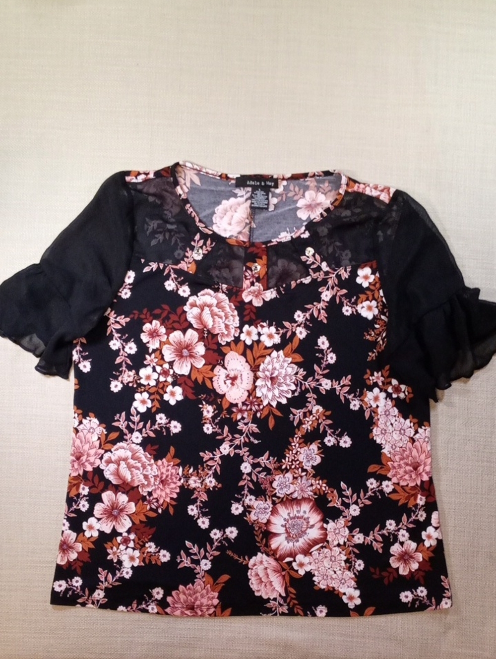Floral Short-Sleeve Blouse in Black and Pink Women's Size Large